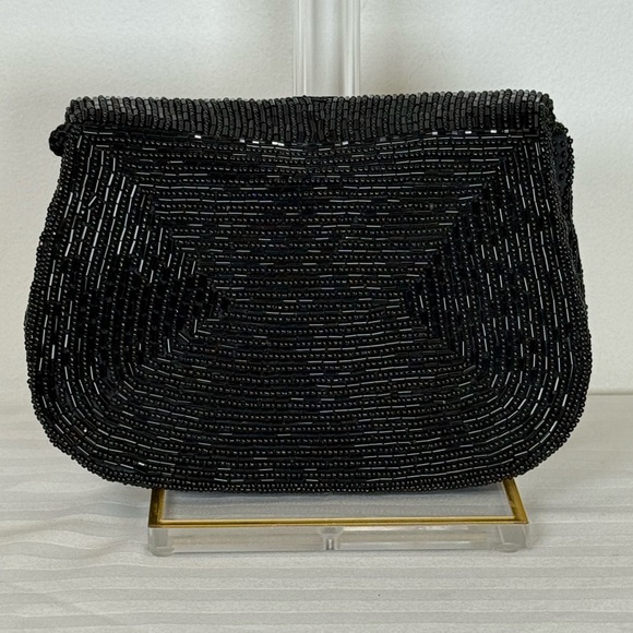 Sak’s Fifth Avenue Black Beaded Evening Bag Purse Clutch Magnetic Closure - Picture 4 of 11